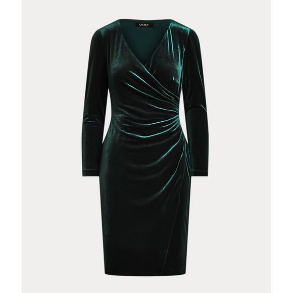 Lauren Ralph Lauren Stretch Velvet Surplice Dress Size 14 Green Ruched Faux Wrap - Picture 1 of 11